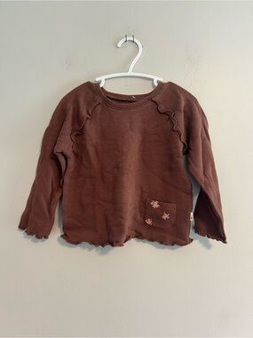 Easy peasy 2t brown waffle knit floral pocket ruffle hem long sleeve shirt